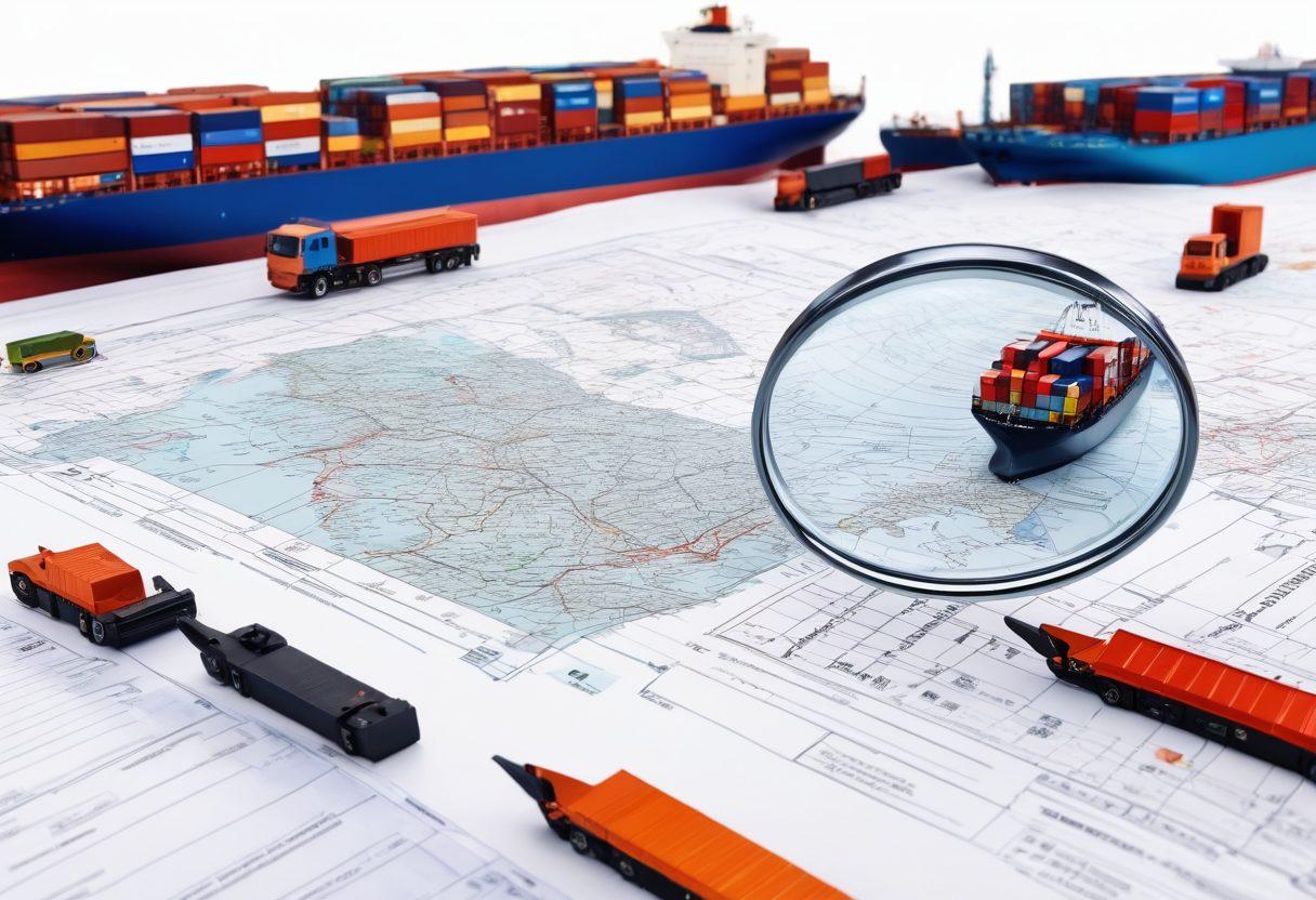 A bustling international port with containers and cargo ships, a professional analyzing customs paperwork with a magnifying glass, global maps overlayed in the background, and arrows indicating the flow of goods. Infuse an aura of meticulous planning and teamwork. super-realistic. vibrant colors. white background.