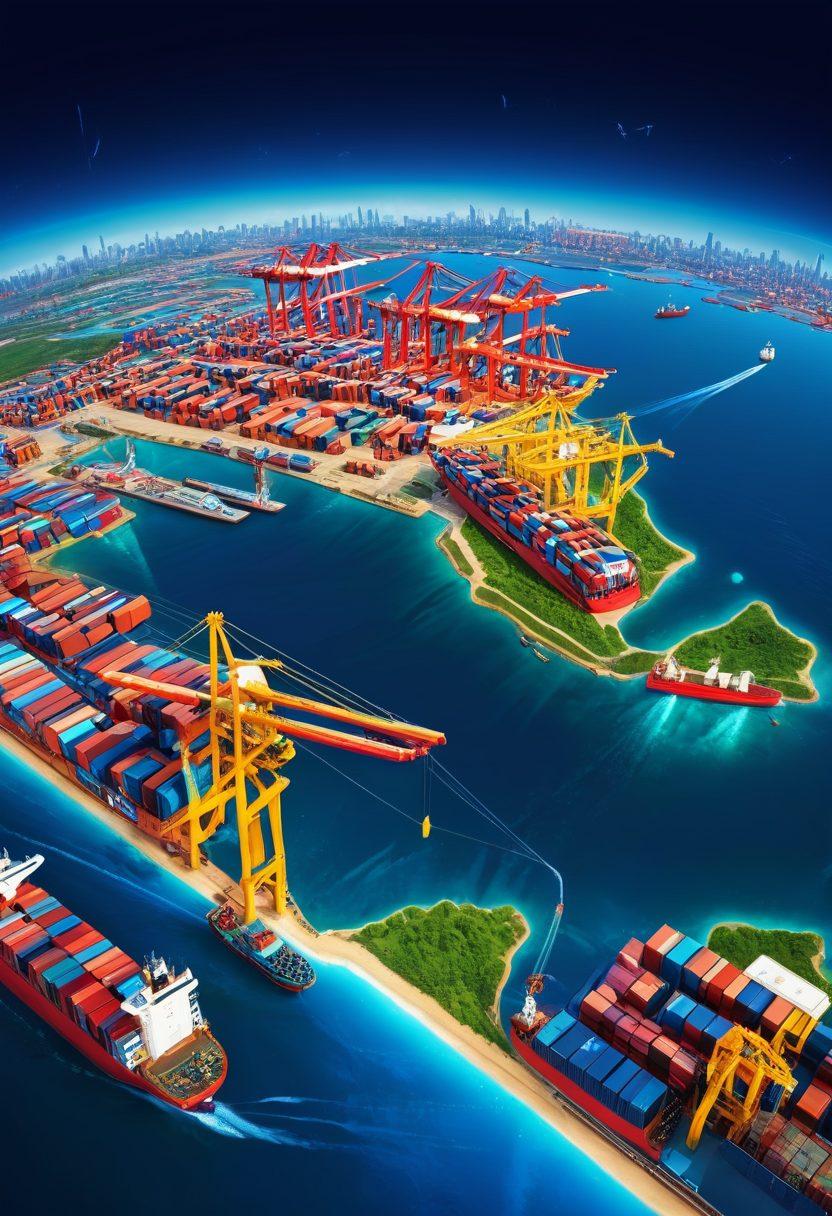 A bustling global trade port with massive cargo ships, colorful shipping containers, and cranes in motion, surrounded by a network of trade routes illustrated with glowing lines connecting continents. Business professionals in suits are shown collaborating with logistics workers in front of a digital world map. super-realistic. vibrant colors. 3D.