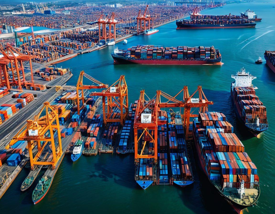 A bustling global port with huge cargo ships from various countries, colorful shipping containers being loaded by cranes, and diverse workers coordinating through advanced technology devices against a backdrop of a world map overlay showing trade routes. vibrant colors. super-realistic.